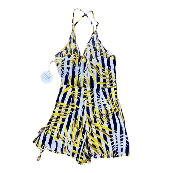Luxxel Romper Leaf Print Yellow Black White Stripe Women's Size Small - Picture 3 of 12